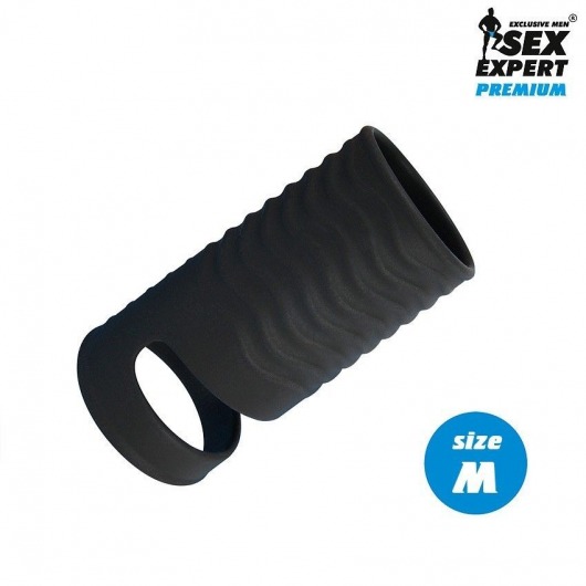 Черная открытая насадка на пенис с кольцом для мошонки size M - 7,9 см. - Sex Expert - в Абакане купить с доставкой