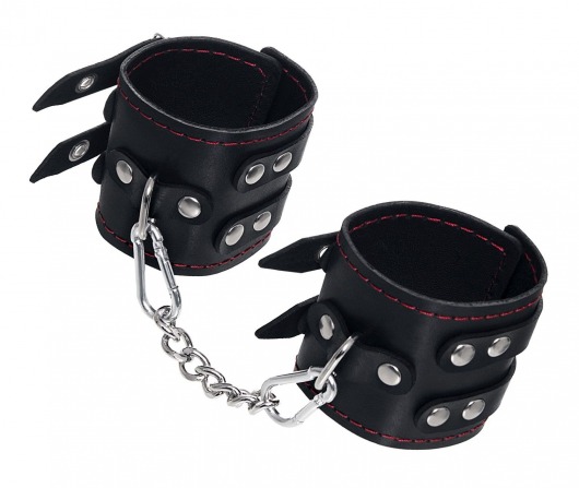 Черные кожаные наручники с двумя ремнями и контрастной строчкой - Pecado - купить с доставкой в Абакане