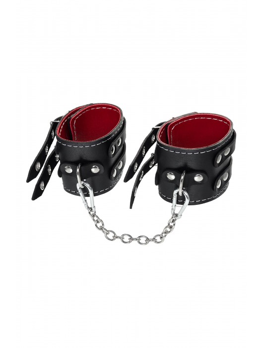 Черные кожаные оковы с двумя ремнями и красной подкладкой - Pecado - купить с доставкой в Абакане