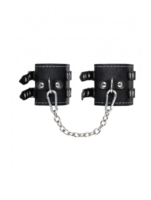 Черные кожаные оковы с двумя ремнями и красной подкладкой - Pecado - купить с доставкой в Абакане