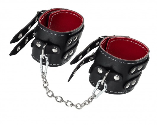 Черные кожаные оковы с двумя ремнями и красной подкладкой - Pecado - купить с доставкой в Абакане