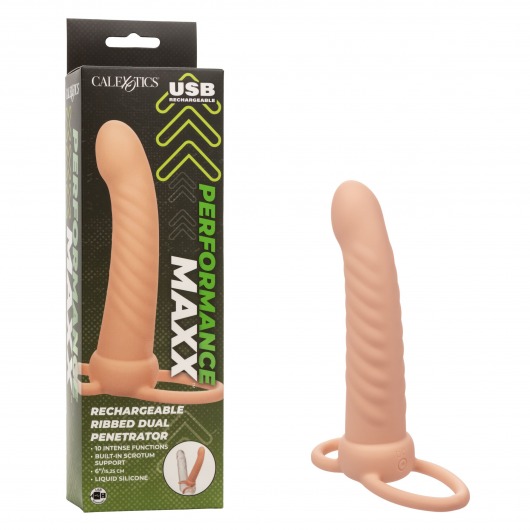 Телесная насадка для двойного проникновения Rechargeable Ribbed Dual Penetrator с вибрацией - California Exotic Novelties - купить с доставкой в Абакане