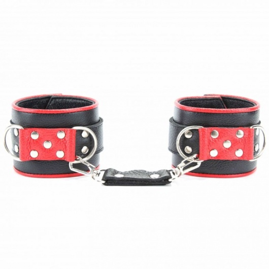 Широкие черные наручники с красным декором - БДСМ Арсенал - купить с доставкой в Абакане