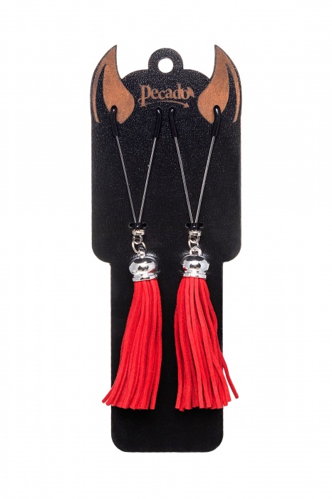 Зажимы на соски «Вилки» с красными кисточками из замши - Pecado - купить с доставкой в Абакане
