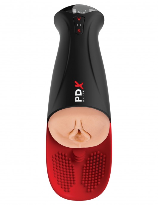 Телесный мастурбатор-вагина в черной колбе с вибрацией Fuck-O-Matic Pro XL - Pipedream - в Абакане купить с доставкой