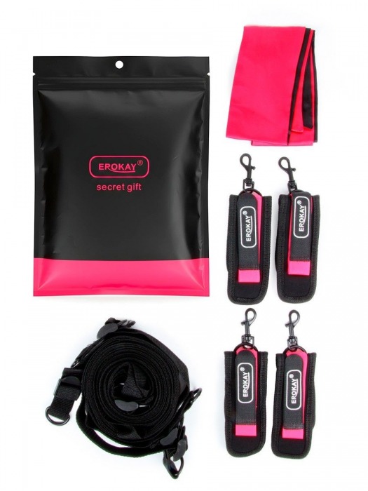 Черно-розовый эротический набор: фиксатор, оковы, наручники, повязка - Erokay - купить с доставкой в Абакане