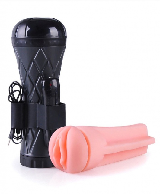 Телесный мастурбатор-вагина в черной колбе с вибрацией - Boys of Toys - в Абакане купить с доставкой