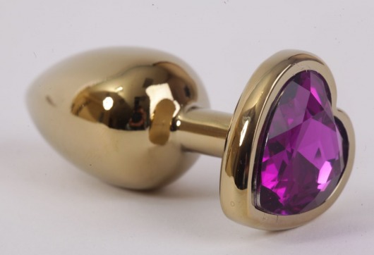 Золотистая анальная пробка с фиолетовым стразиком-сердечком - 7,5 см. - 4sexdreaM - купить с доставкой в Абакане