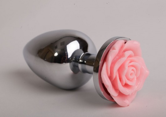 Серебристая анальная пробка со светло-розовой розочкой - 8 см. - 4sexdreaM - купить с доставкой в Абакане