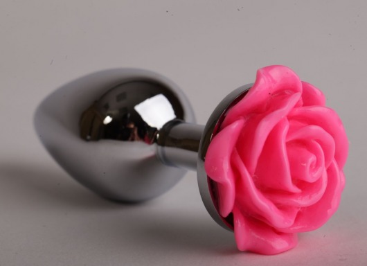 Серебристая анальная пробка с розовой розочкой - 9,5 см. - 4sexdreaM - купить с доставкой в Абакане