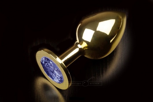 Большая золотая анальная пробка с закругленным кончиком и синим кристаллом - 9 см. - Пикантные штучки - купить с доставкой в Абакане