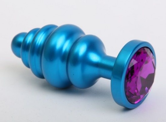 Синяя ребристая анальная пробка с фиолетовым кристаллом - 7,3 см. - 4sexdreaM - купить с доставкой в Абакане