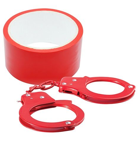 Набор для фиксации BONDX METAL CUFFS AND RIBBON: красные наручники из листового материала и липкая лента - Dream Toys - купить с доставкой в Абакане