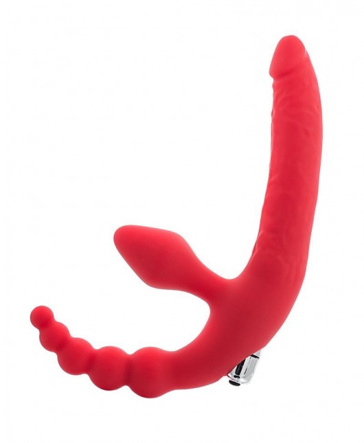 Красный безремневой страпон с вибрацией и анальным отростком - ToyFa - купить с доставкой в Абакане