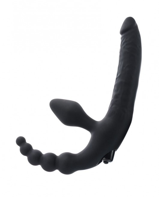 Чёрный безремневой страпон с вибрацией и анальным отростком - ToyFa - купить с доставкой в Абакане