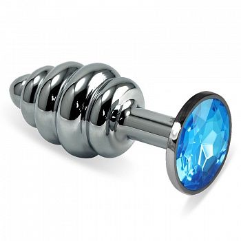 Серебристая фигурная анальная пробка с голубым кристаллом - 8,5 см. - 4sexdreaM - купить с доставкой в Абакане